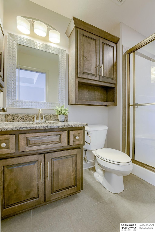 full bath featuring tile patterned floors, a stall shower, toilet, and vanity