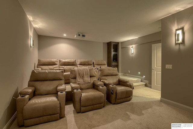 home theater with recessed lighting, baseboards, and carpet flooring