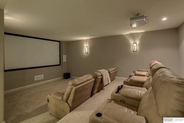 home theater with carpet flooring, recessed lighting, and baseboards