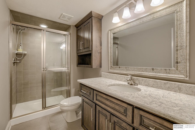 full bathroom featuring visible vents, toilet, a shower stall, tile patterned flooring, and vanity