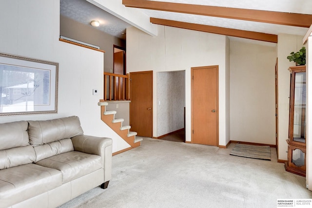 unfurnished living room featuring vaulted ceiling with beams and light colored carpet