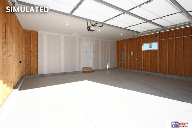 garage featuring a garage door opener, electric panel, and wood walls