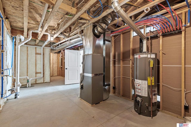 basement featuring heating unit and gas water heater