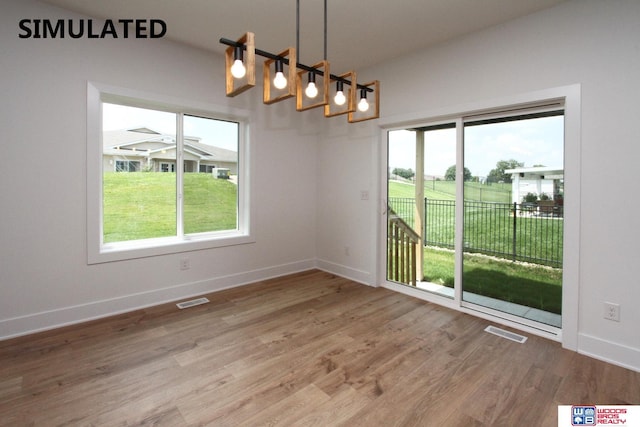 unfurnished dining area with wood-type flooring and a healthy amount of sunlight