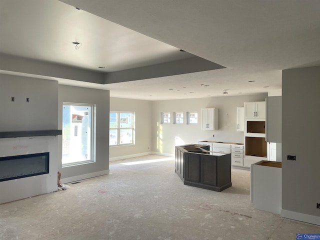 kitchen featuring white cabinetry, a tray ceiling, and a kitchen island