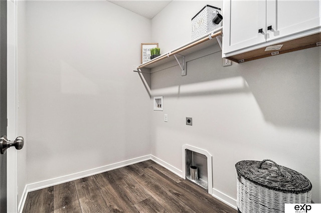 washroom with washer hookup, electric dryer hookup, dark hardwood / wood-style floors, and cabinets