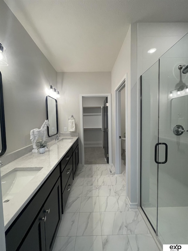 bathroom with vanity, toilet, a shower with door, and a textured ceiling