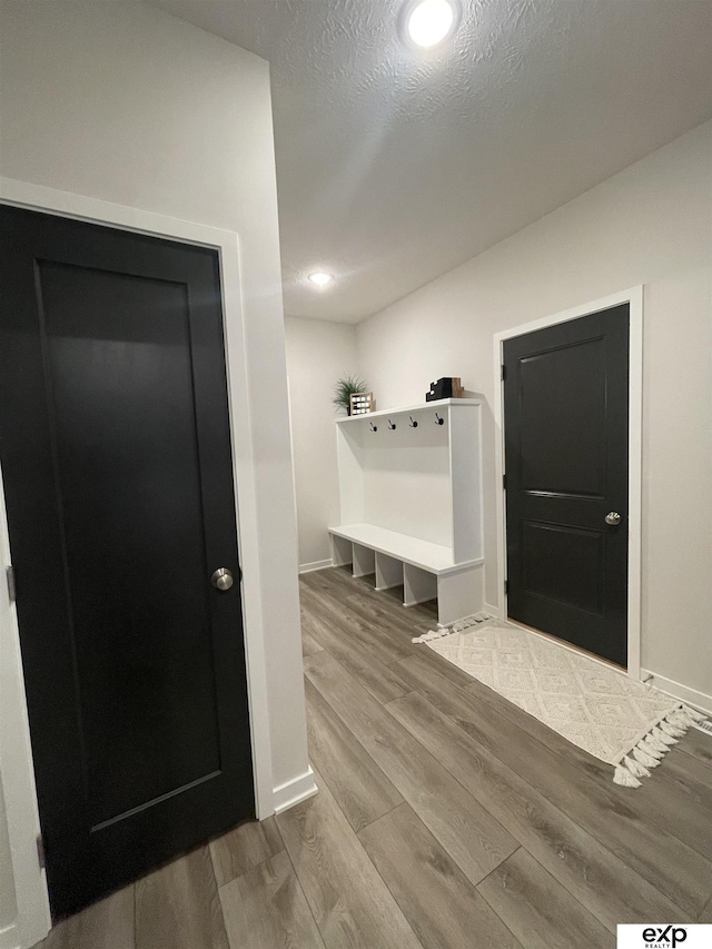 mudroom with wood-type flooring and a textured ceiling