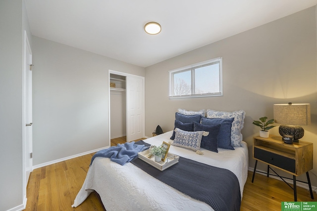 bedroom with wood-type flooring and a closet