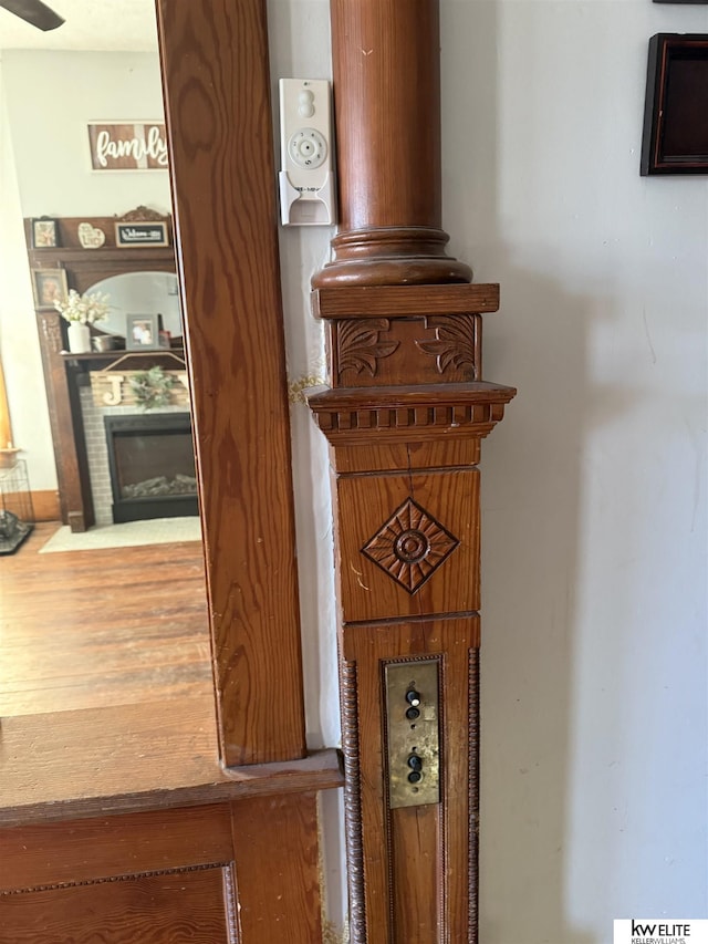 room details with a large fireplace