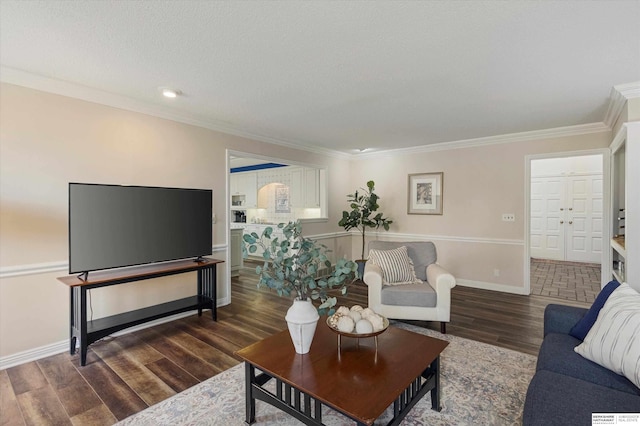 living room with dark hardwood / wood-style flooring, crown molding, and a textured ceiling