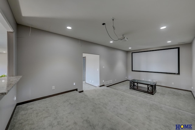 home theater room with carpet, baseboards, and recessed lighting