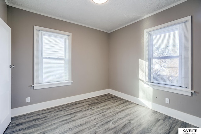 unfurnished room with crown molding, a textured ceiling, wood-type flooring, and a healthy amount of sunlight