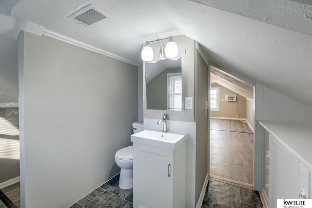 bathroom with lofted ceiling, vanity, toilet, and a textured ceiling