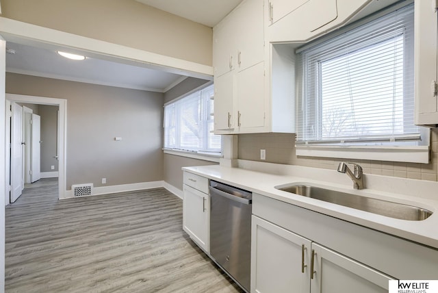 kitchen featuring tasteful backsplash, white cabinetry, sink, stainless steel dishwasher, and light wood-type flooring