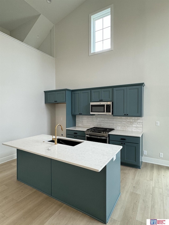 kitchen with tasteful backsplash, stainless steel appliances, sink, and a center island with sink