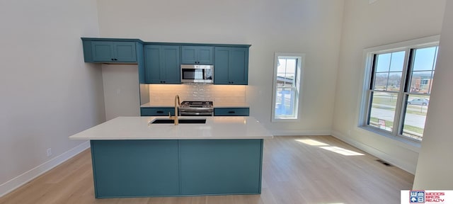 kitchen with appliances with stainless steel finishes, tasteful backsplash, sink, blue cabinetry, and a center island with sink