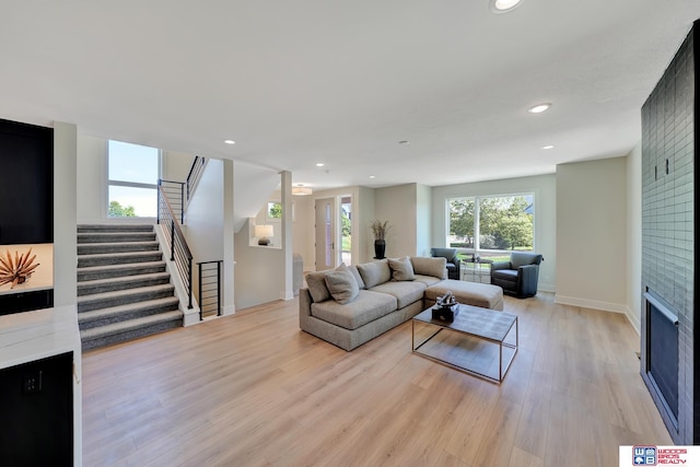 living room with a fireplace and light hardwood / wood-style flooring