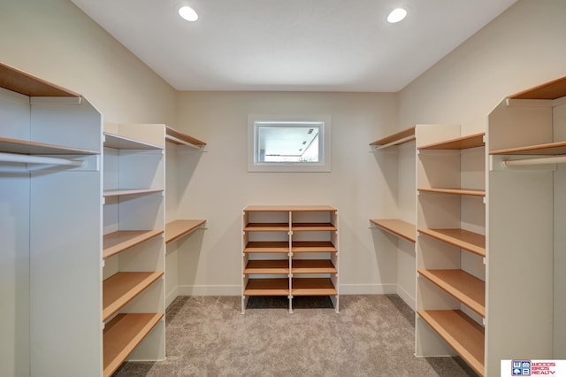 spacious closet featuring light colored carpet