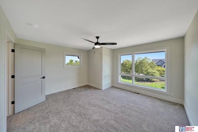 carpeted spare room with ceiling fan and a wealth of natural light