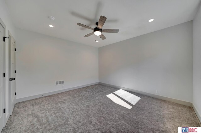 unfurnished room featuring recessed lighting, carpet floors, a ceiling fan, visible vents, and baseboards