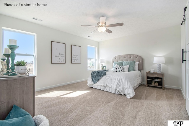 carpeted bedroom with multiple windows, ceiling fan, and a textured ceiling