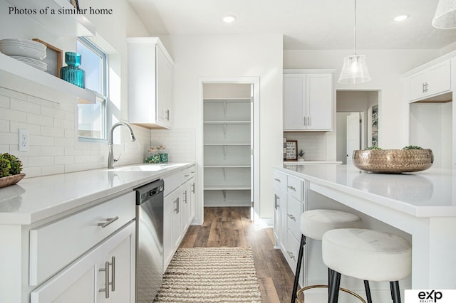 kitchen featuring white cabinetry, stainless steel dishwasher, dark wood-type flooring, and sink