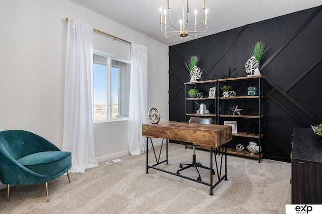 carpeted office with a notable chandelier