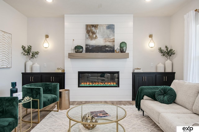 living room featuring wood-type flooring and a large fireplace