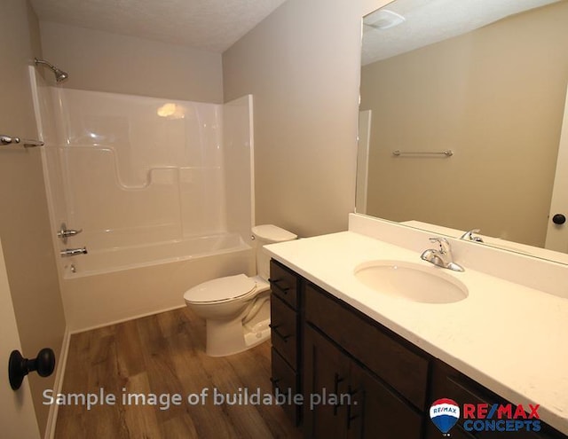 full bathroom with toilet, washtub / shower combination, vanity, and wood finished floors