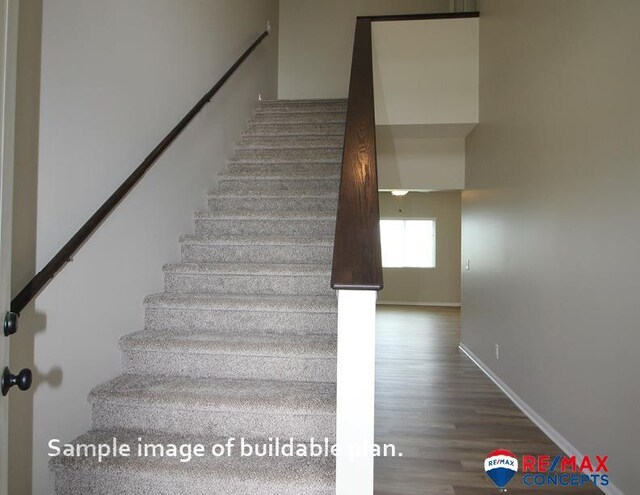 stairs with baseboards and wood finished floors