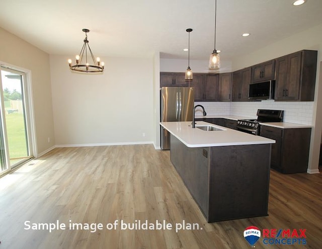 kitchen featuring dark brown cabinets, light wood finished floors, a sink, decorative backsplash, and stainless steel appliances