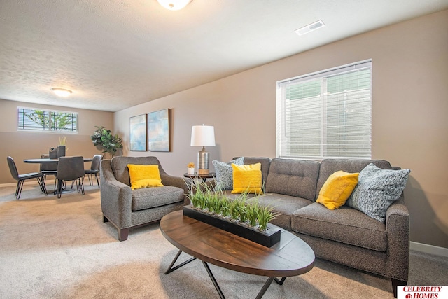 carpeted living room featuring a textured ceiling