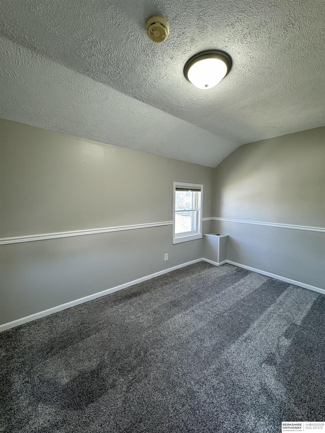 interior space featuring carpet, lofted ceiling, and a textured ceiling