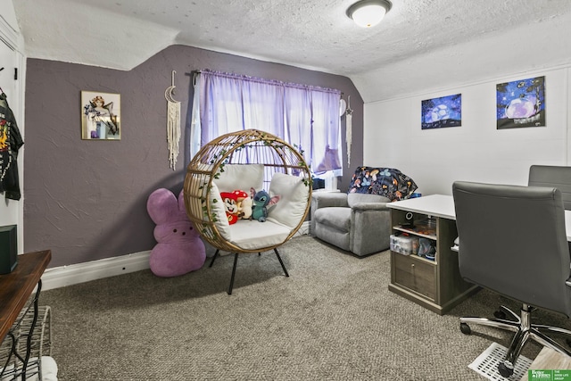 carpeted office featuring vaulted ceiling and a textured ceiling