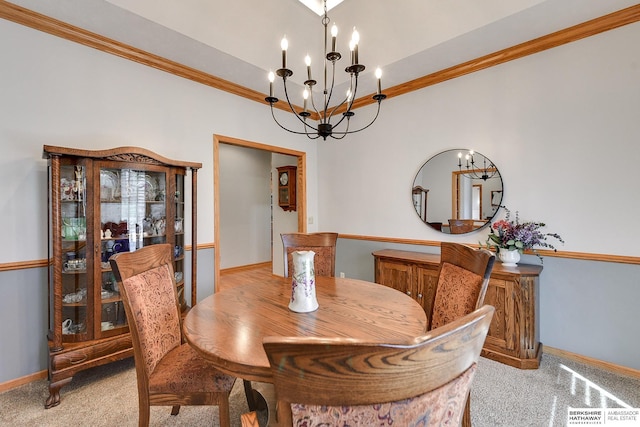 dining area with light carpet and a chandelier