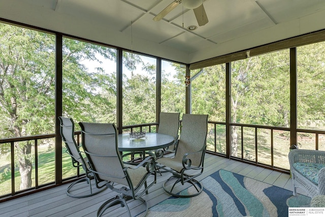 sunroom featuring ceiling fan