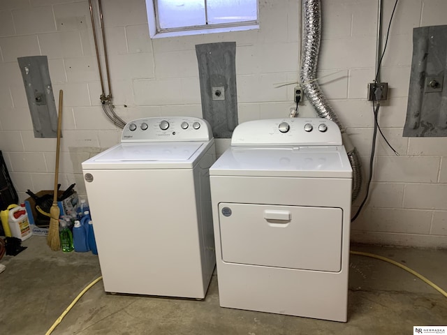 laundry room with washing machine and dryer and electric panel