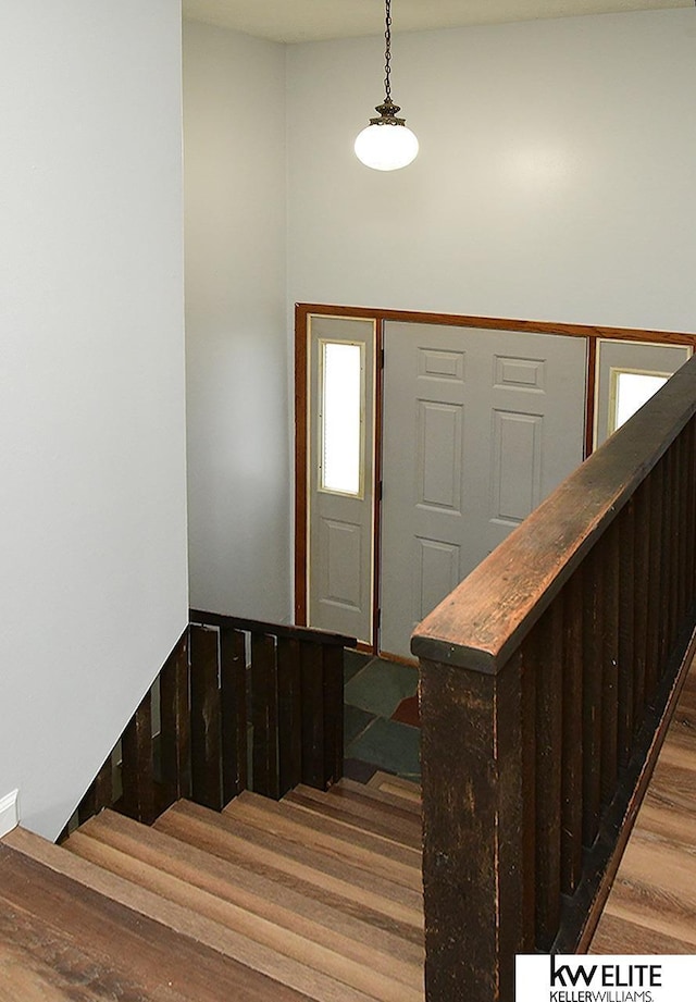 stairway with hardwood / wood-style flooring