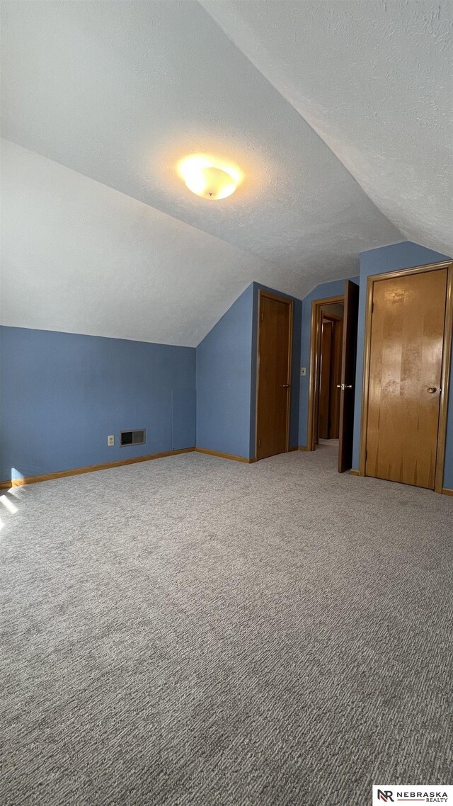 additional living space featuring a textured ceiling, carpet floors, and visible vents