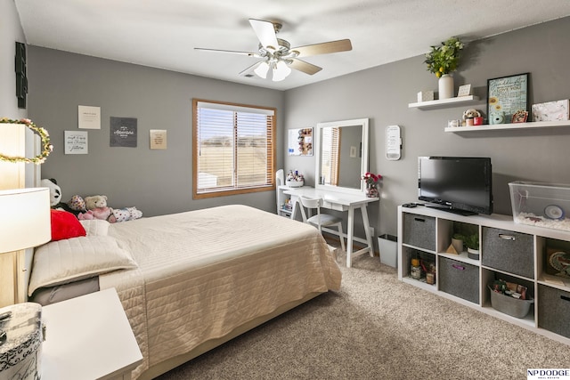 bedroom featuring carpet floors and ceiling fan