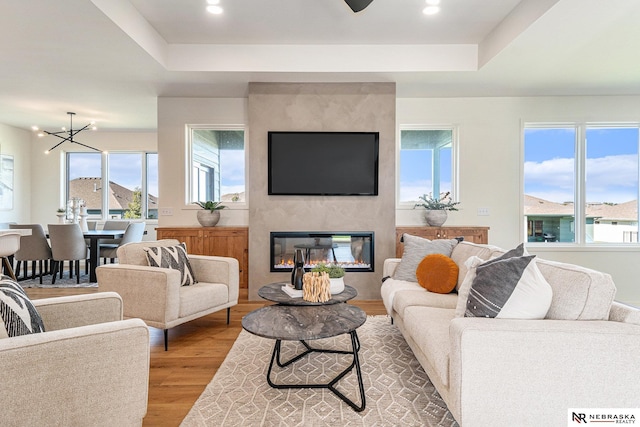 living room featuring hardwood / wood-style flooring, a healthy amount of sunlight, and a tray ceiling