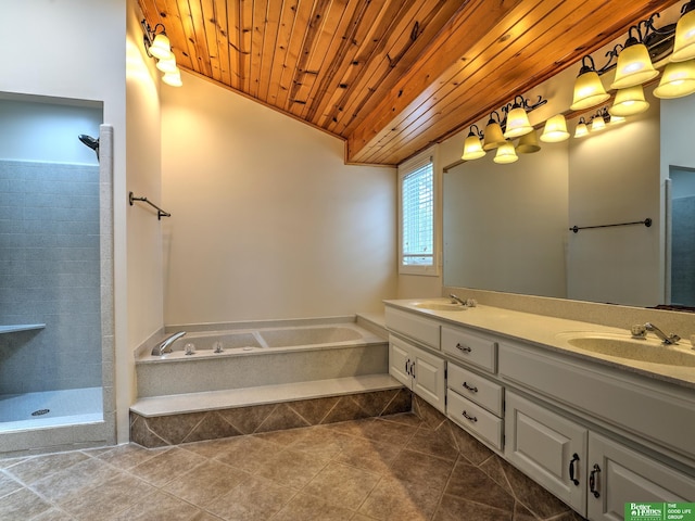 full bathroom featuring a bath, wood ceiling, a tile shower, and a sink