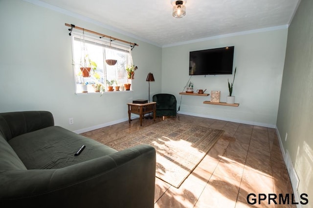 living room with ornamental molding