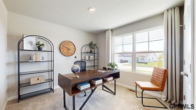 home office featuring light carpet and a textured ceiling