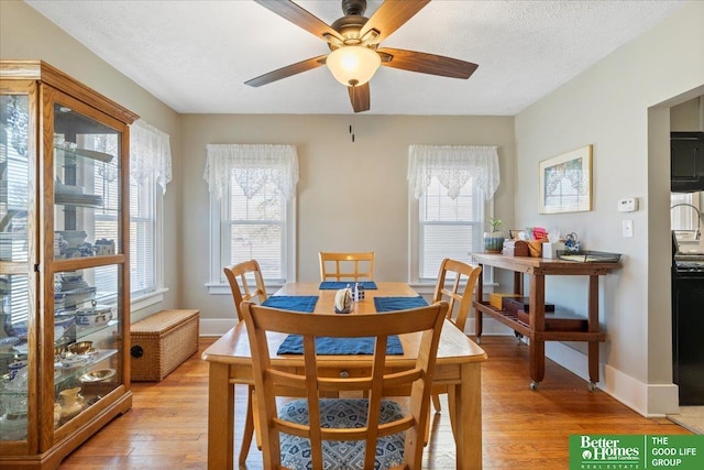 dining area with ceiling fan, light hardwood / wood-style floors, and a textured ceiling