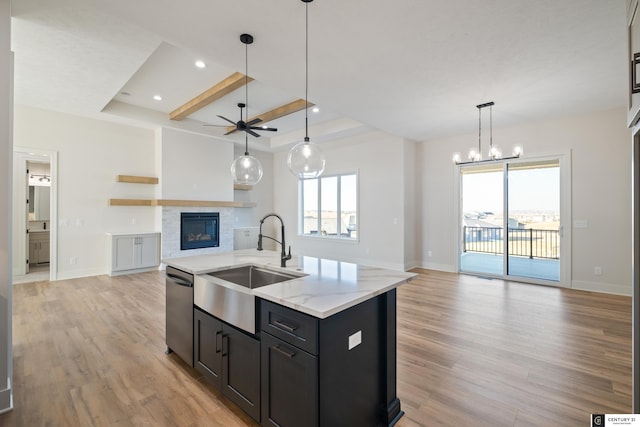 kitchen with sink, a tray ceiling, dishwasher, an island with sink, and light stone countertops