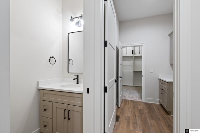 bathroom with vanity and hardwood / wood-style floors