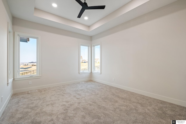 spare room featuring ceiling fan, a raised ceiling, light carpet, and a wealth of natural light