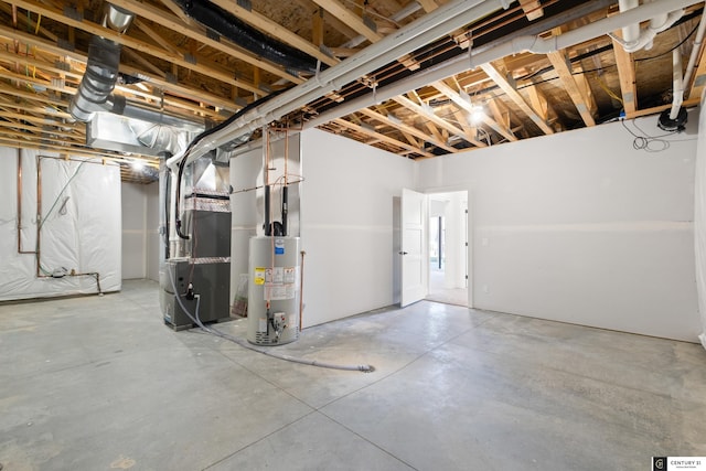 basement featuring gas water heater and heating unit